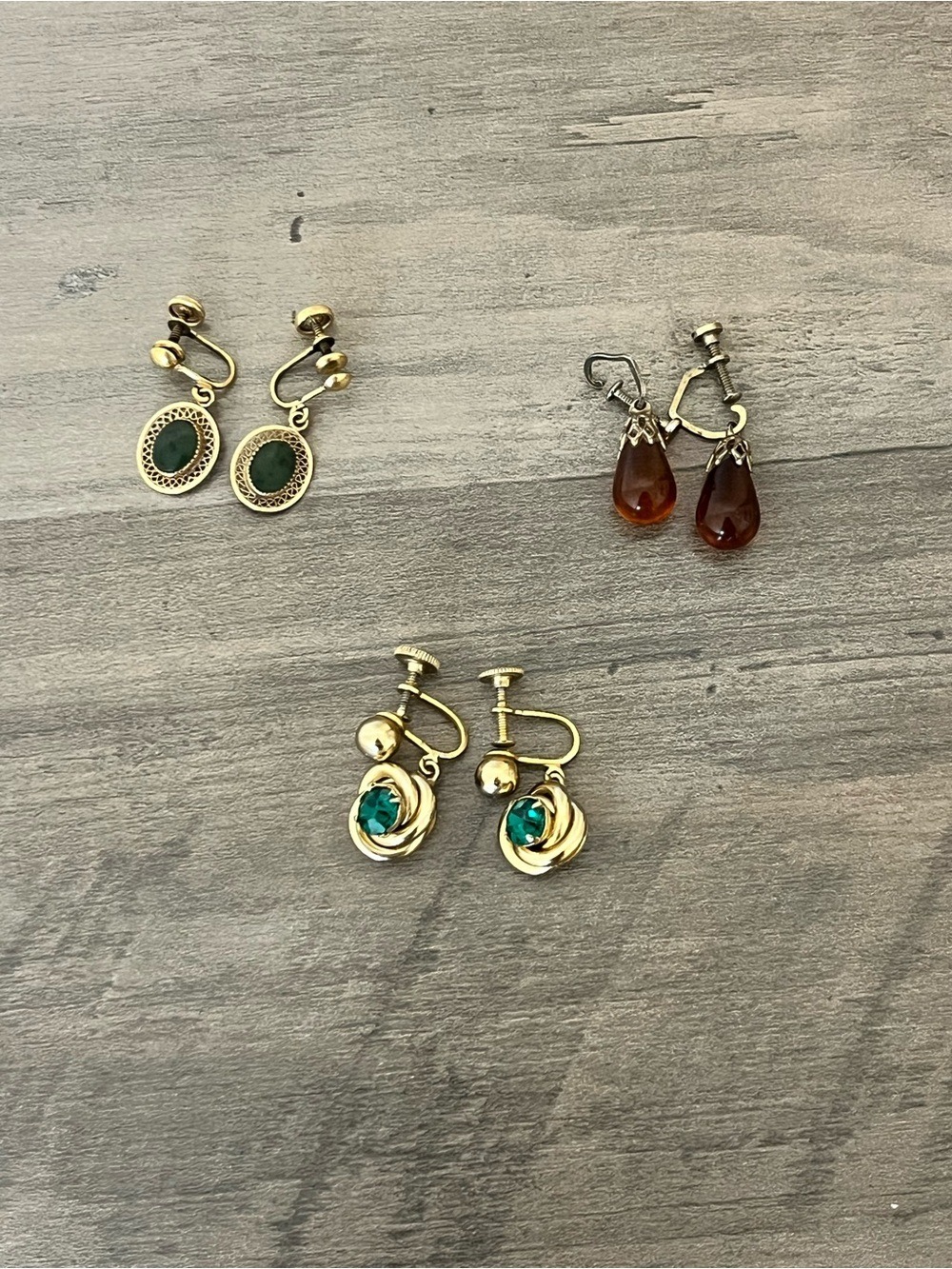 Vintage Screw Back Earrings Lot of 3 Gold Tone Green Amber Costume Jewelry MCM